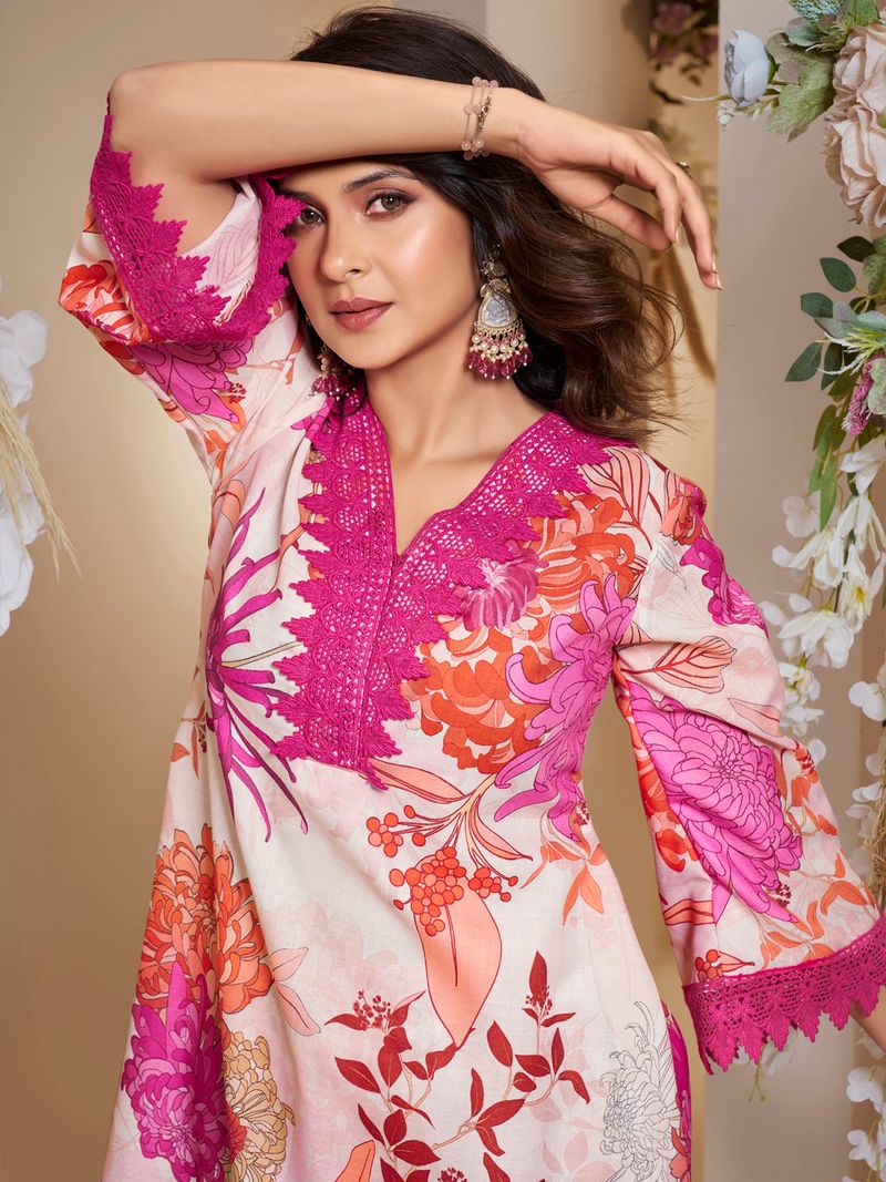 off white pink multi colour floral printed kurta set
