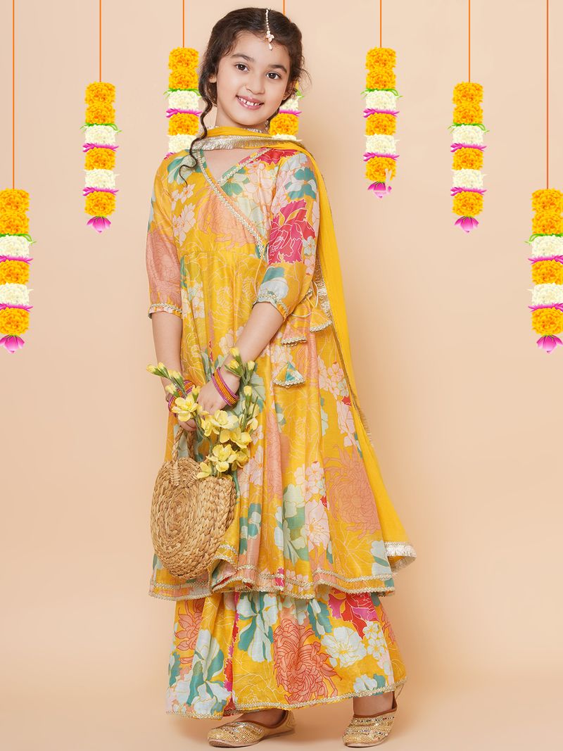 multi floral printed angrakha gotta patti kurta sharara set with dupatta