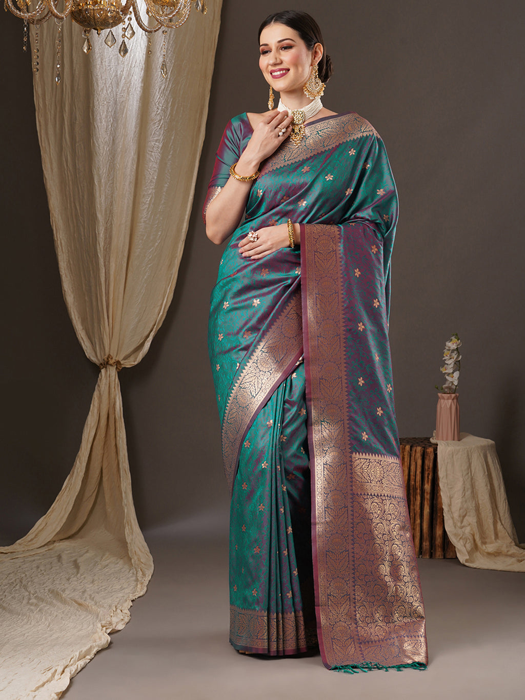 silk blend tealblue wovendesign designer saree with blouse piece 13pakhi1405