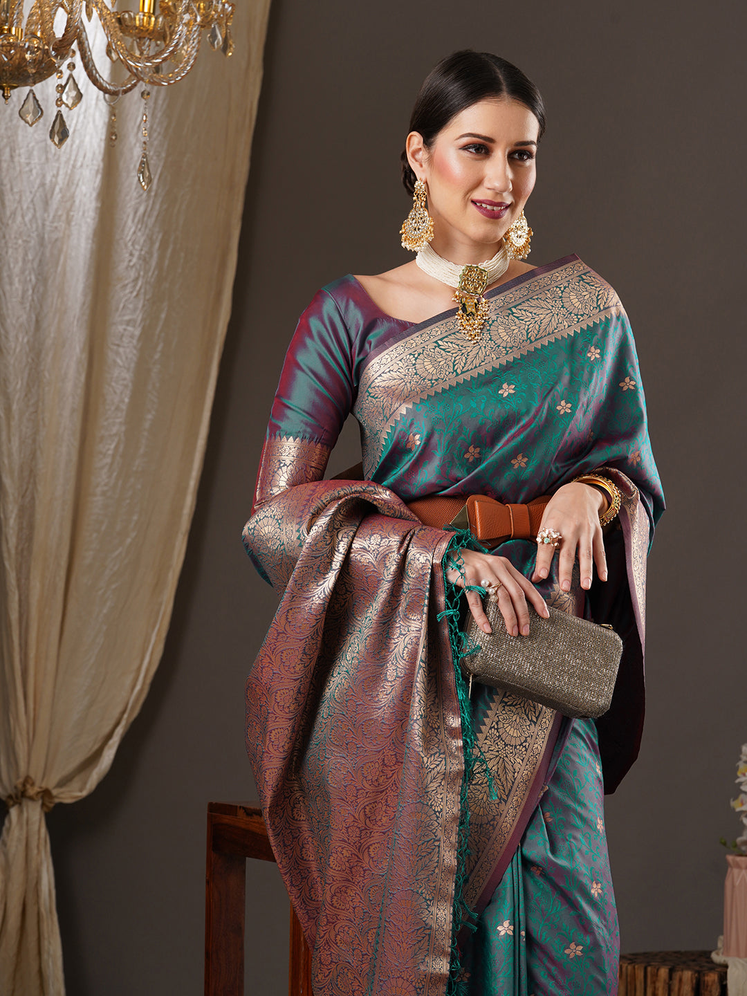 silk blend tealblue wovendesign designer saree with blouse piece 13pakhi1405