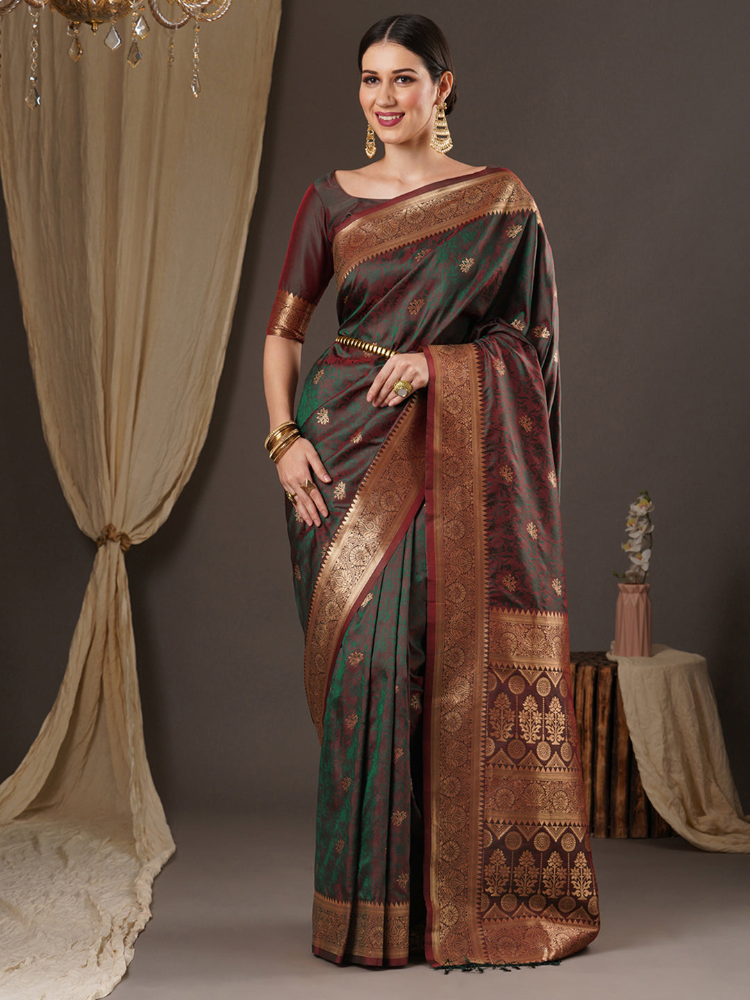 silk blend brown wovendesign designer saree with blouse piece 13pakhi1407