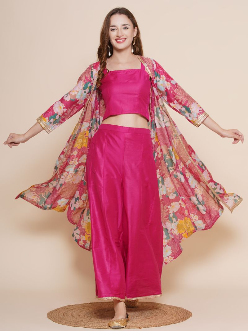 shoulder straps top palazzos with floral printed shrug