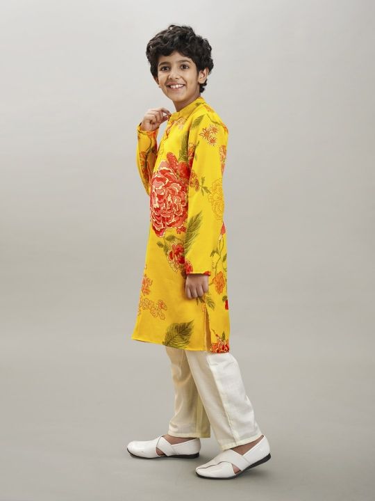 full sleeves floral print straight cut kurta with pyjama yellow floral