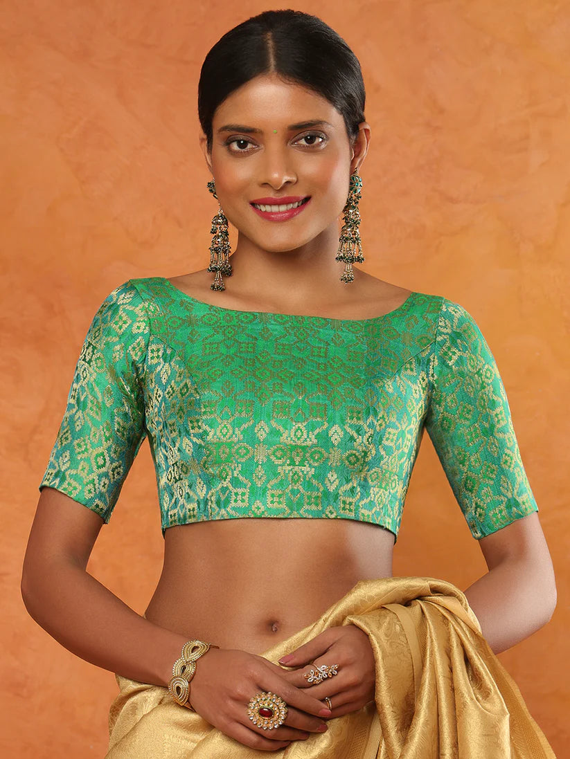 Green Brocade Boat Neck Readymade Blouse