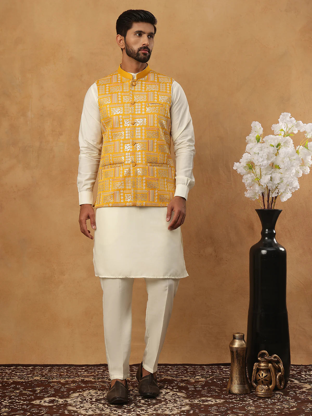 embroidered nehru jacket set with solid kurta pyjama