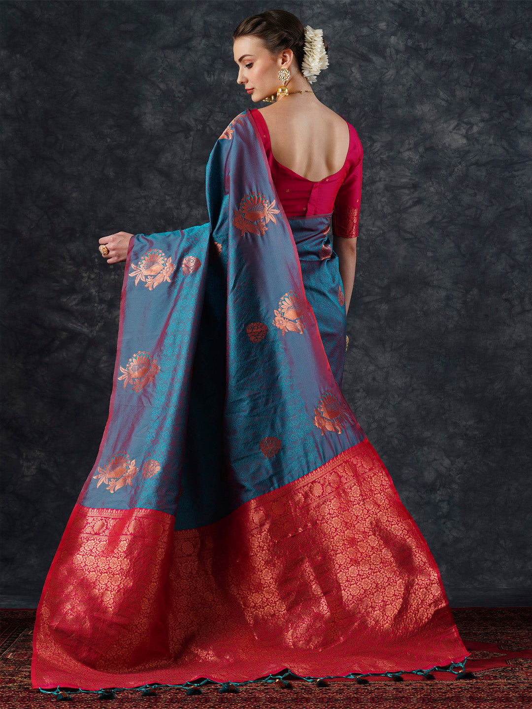 silk blend teal blue woven design designer saree with blouse piece 21pakhi2104