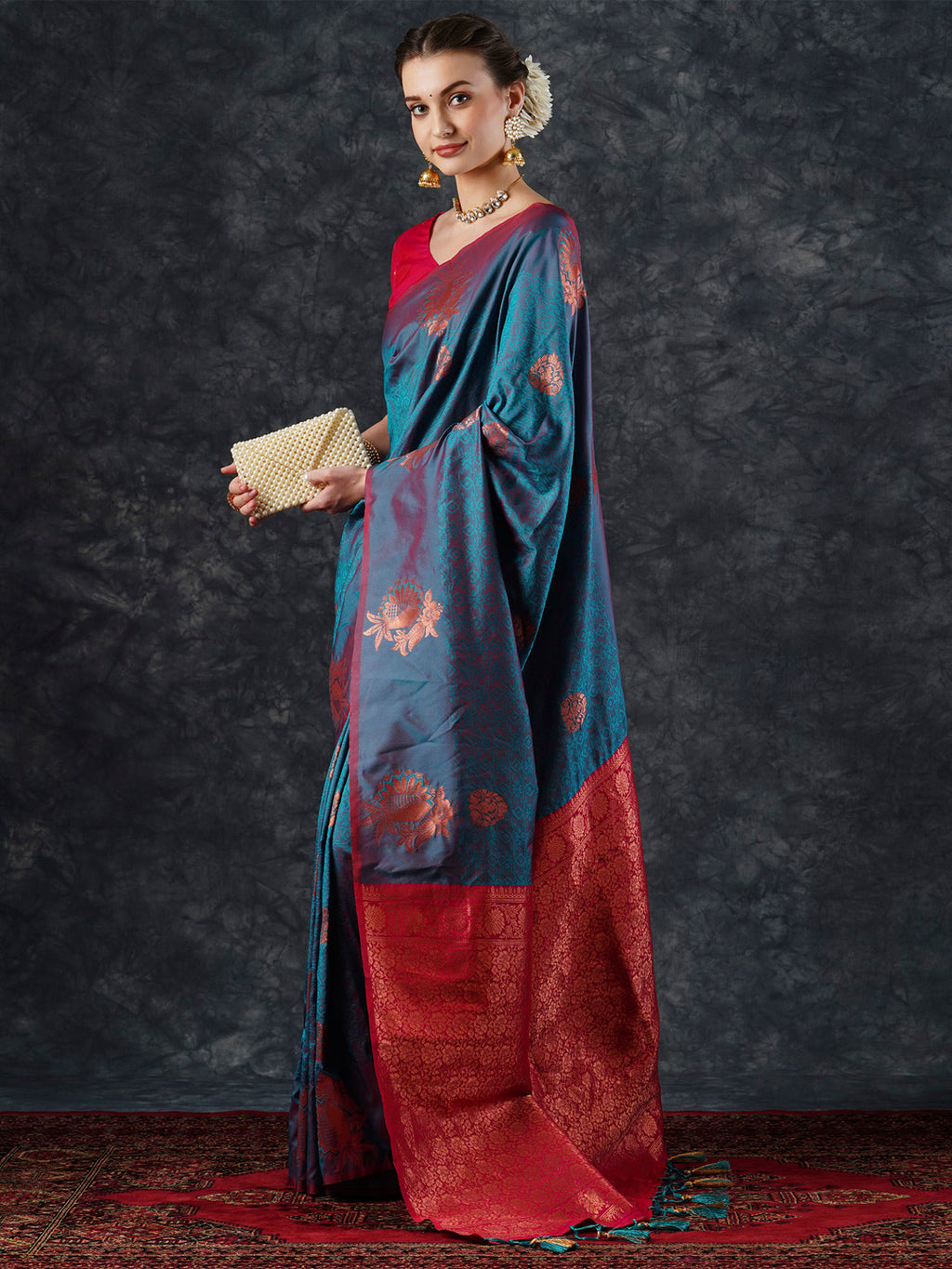 silk blend teal blue woven design designer saree with blouse piece 21pakhi2104