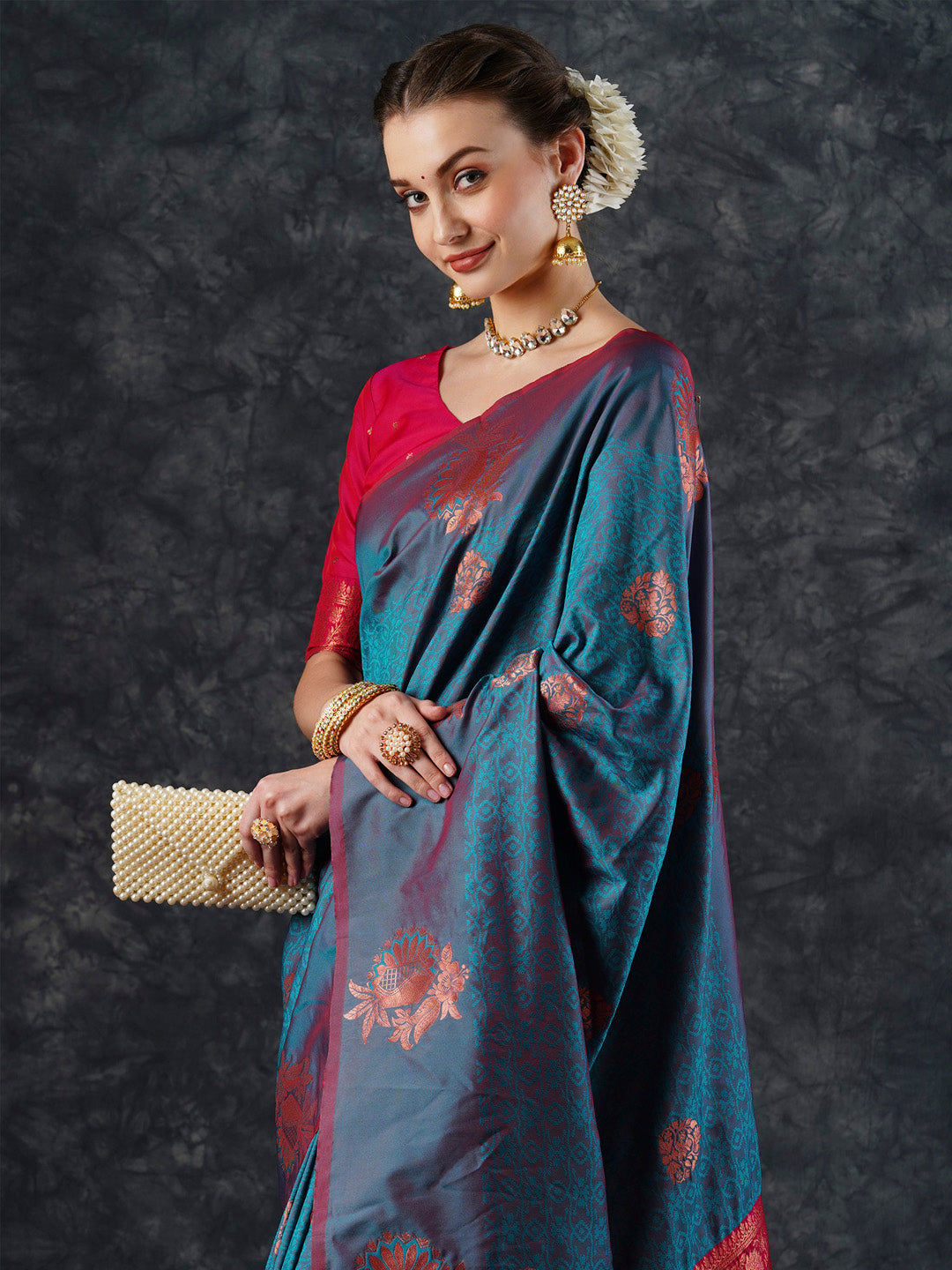 silk blend teal blue woven design designer saree with blouse piece 21pakhi2104