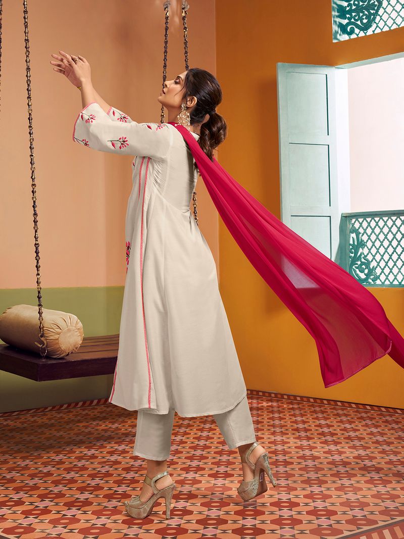 off white colour embroidered anarkali flared kurta with palazzos dupatta