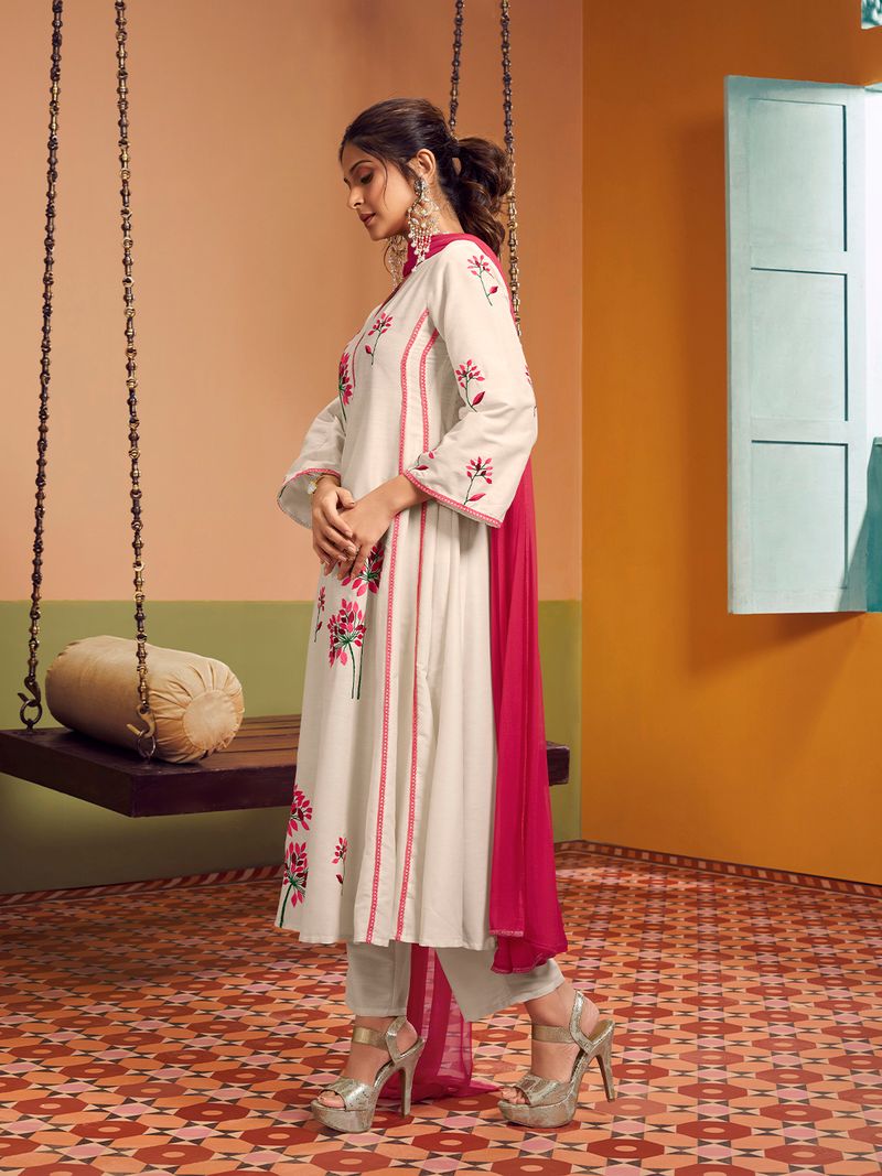 off white colour embroidered anarkali flared kurta with palazzos dupatta