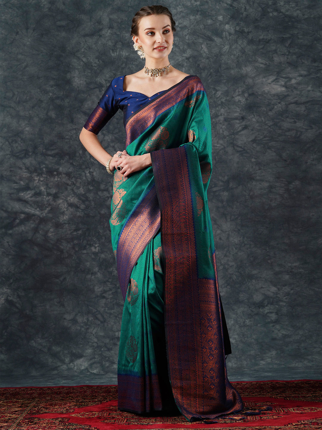 silk blend teal blue woven design designer saree with blouse piece 24pakhi2407