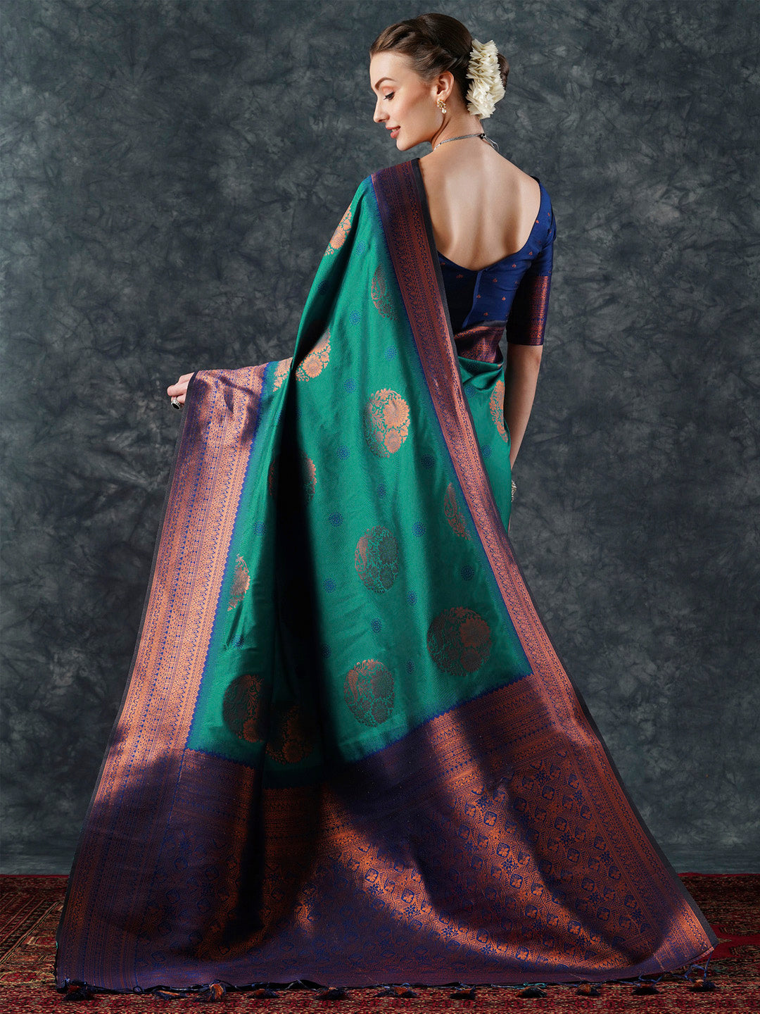 silk blend teal blue woven design designer saree with blouse piece 24pakhi2407