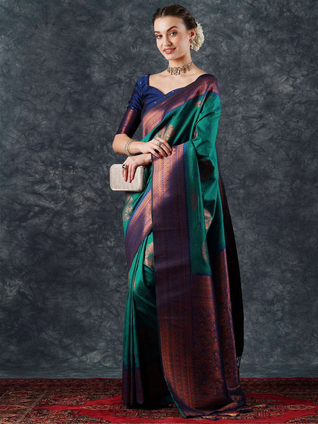 silk blend teal blue woven design designer saree with blouse piece 24pakhi2407