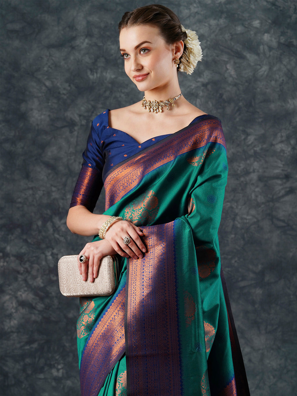 silk blend teal blue woven design designer saree with blouse piece 24pakhi2407