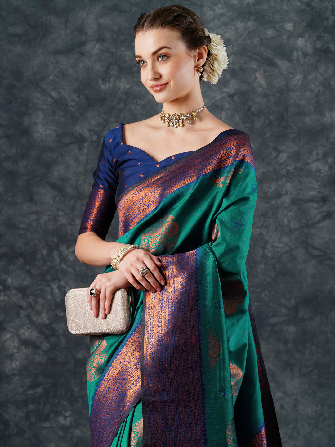 silk blend teal blue woven design designer saree with blouse piece 24pakhi2407