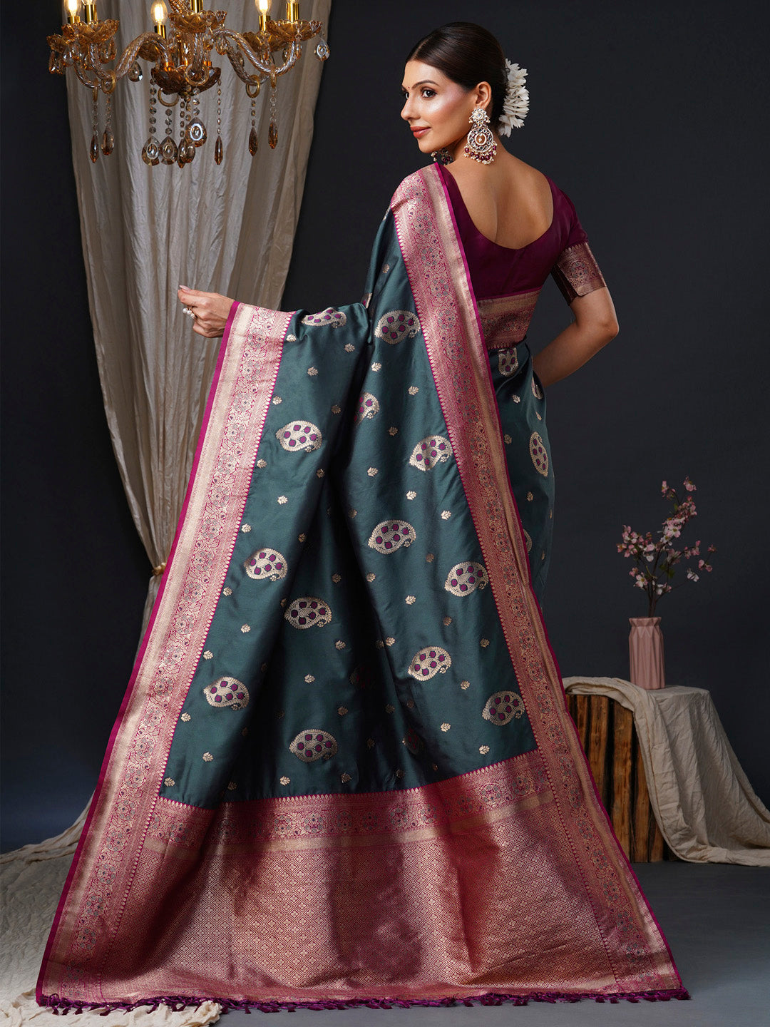 silk blend grey woven design designer saree with blouse piece 26pakhi2602