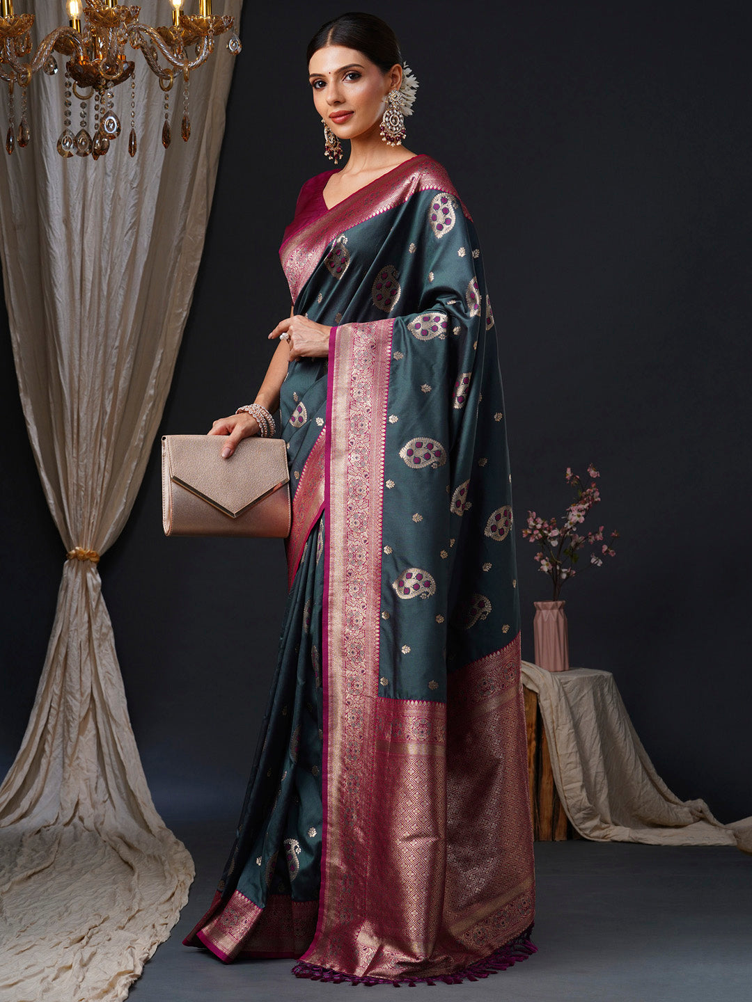 silk blend grey woven design designer saree with blouse piece 26pakhi2602