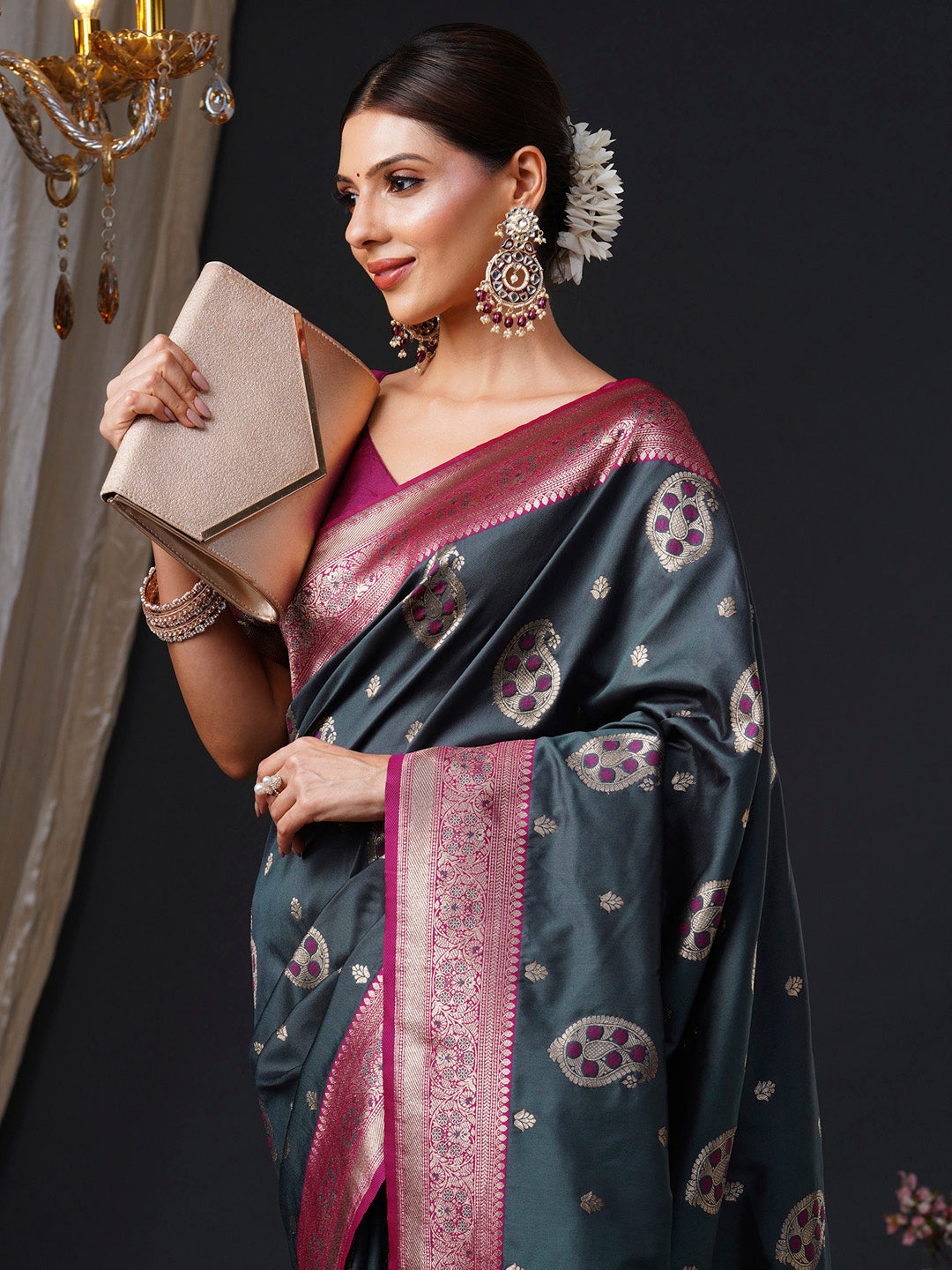 silk blend grey woven design designer saree with blouse piece 26pakhi2602