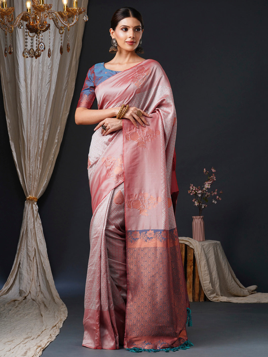 silk blend rose gold woven design designer saree with blouse piece 26pakhi2605