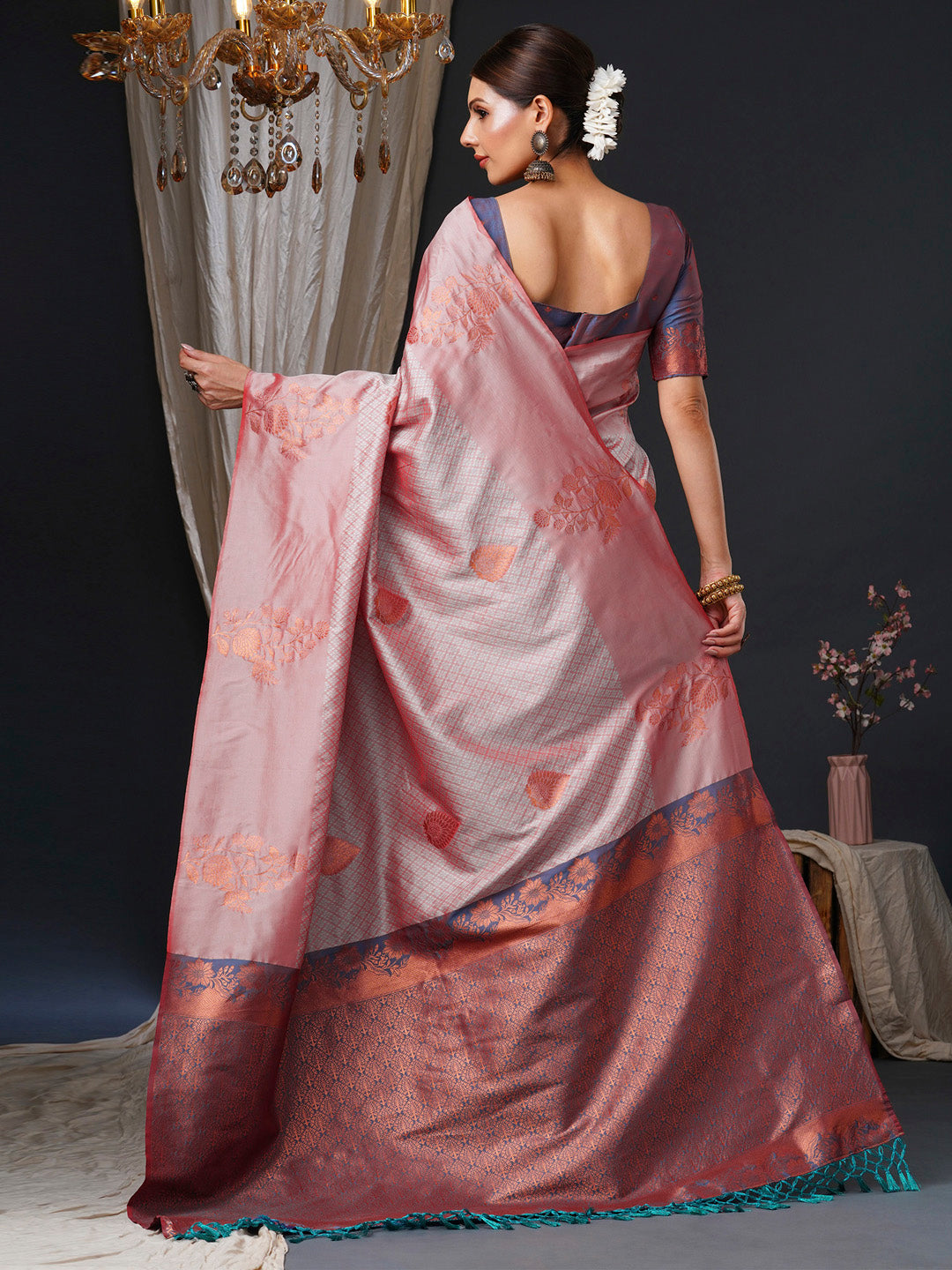 silk blend rose gold woven design designer saree with blouse piece 26pakhi2605