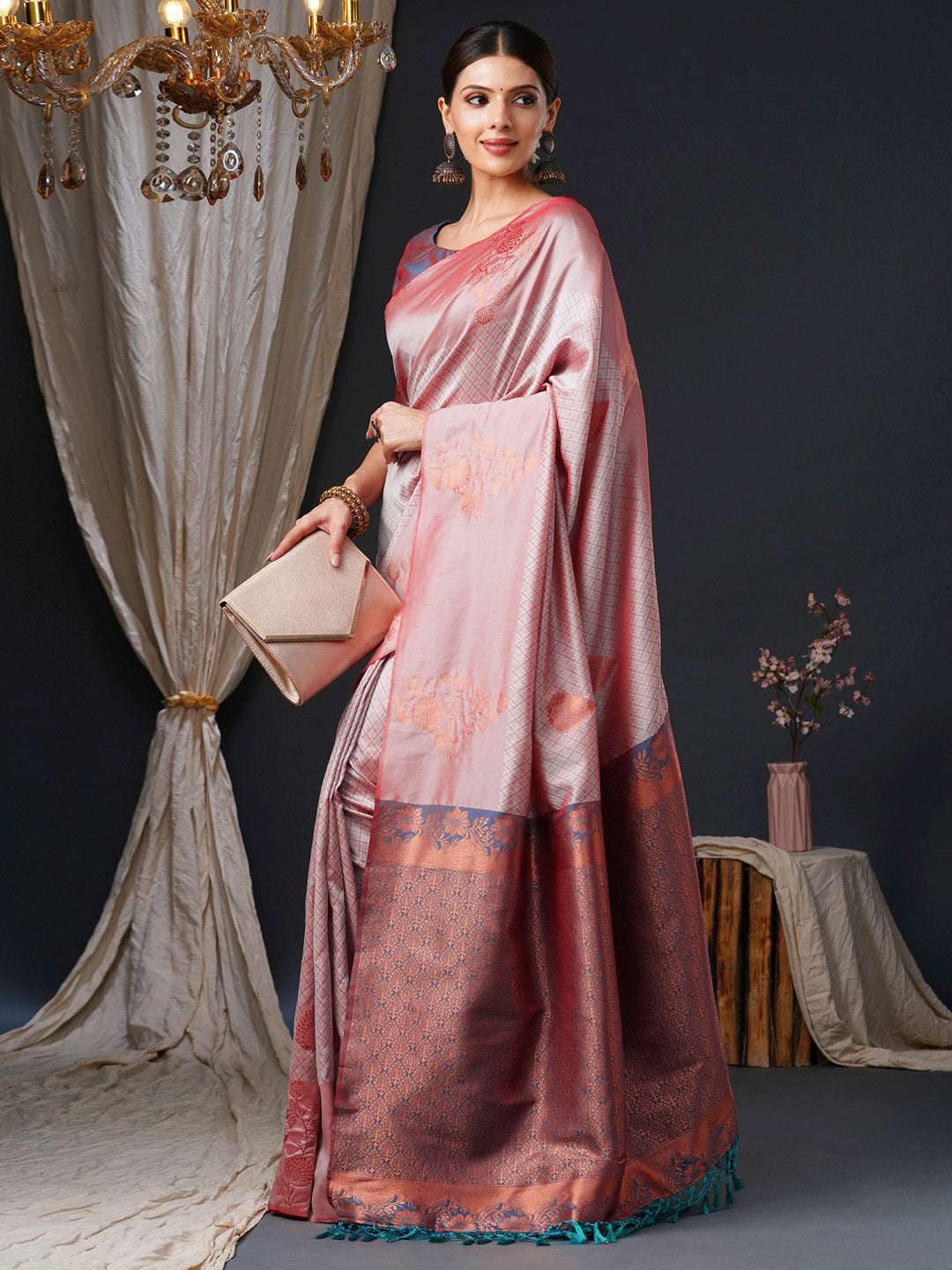 silk blend rose gold woven design designer saree with blouse piece 26pakhi2605