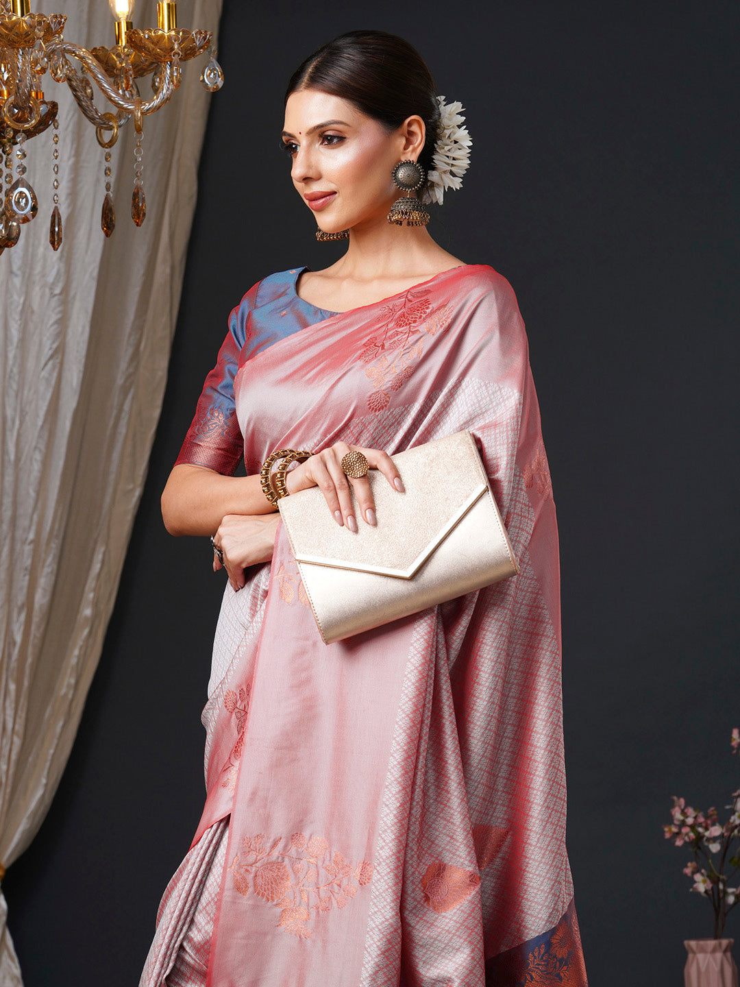 silk blend rose gold woven design designer saree with blouse piece 26pakhi2605