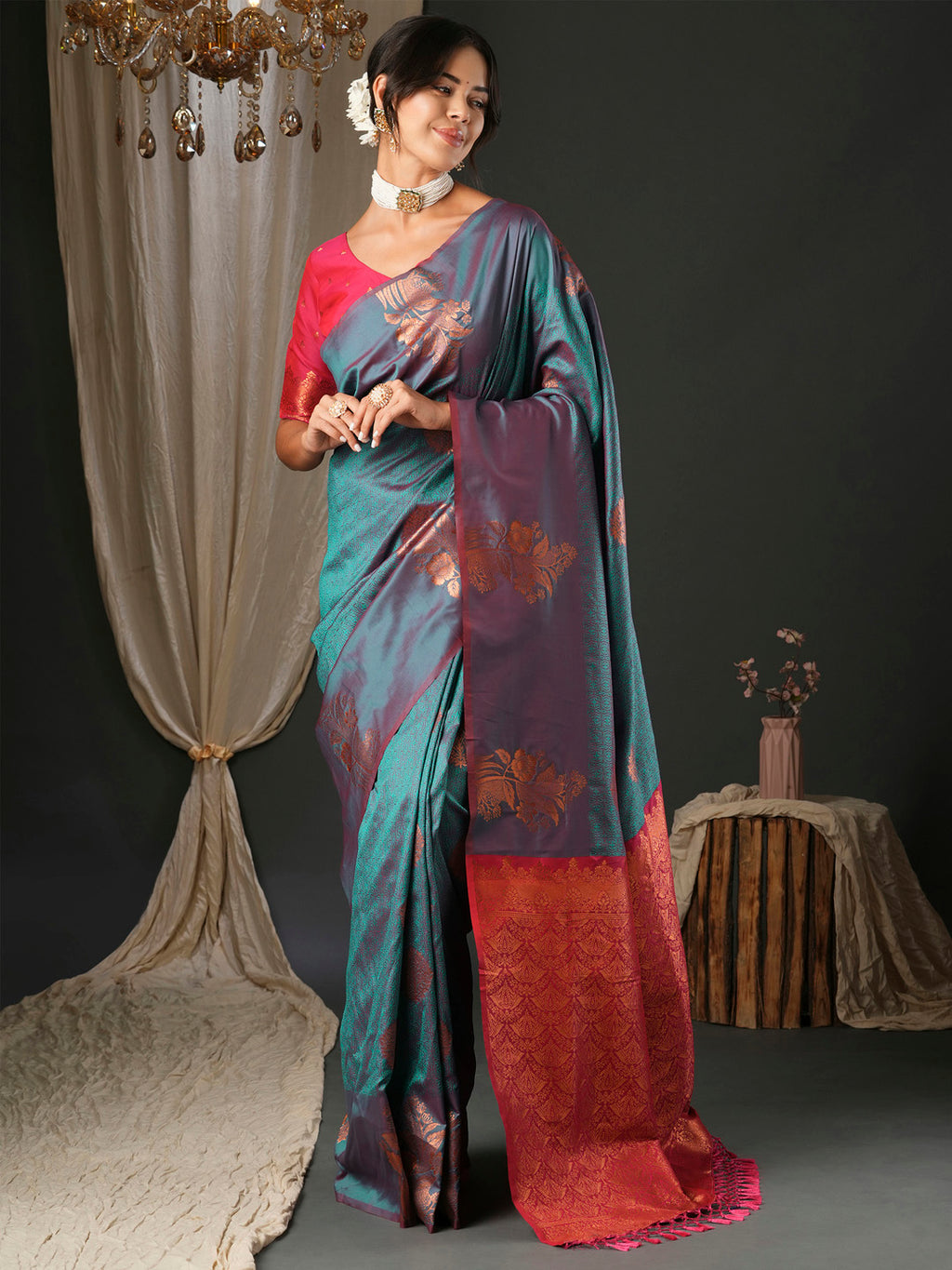 silk blend teal blue woven design designer saree with blouse piece 26pakhi2609