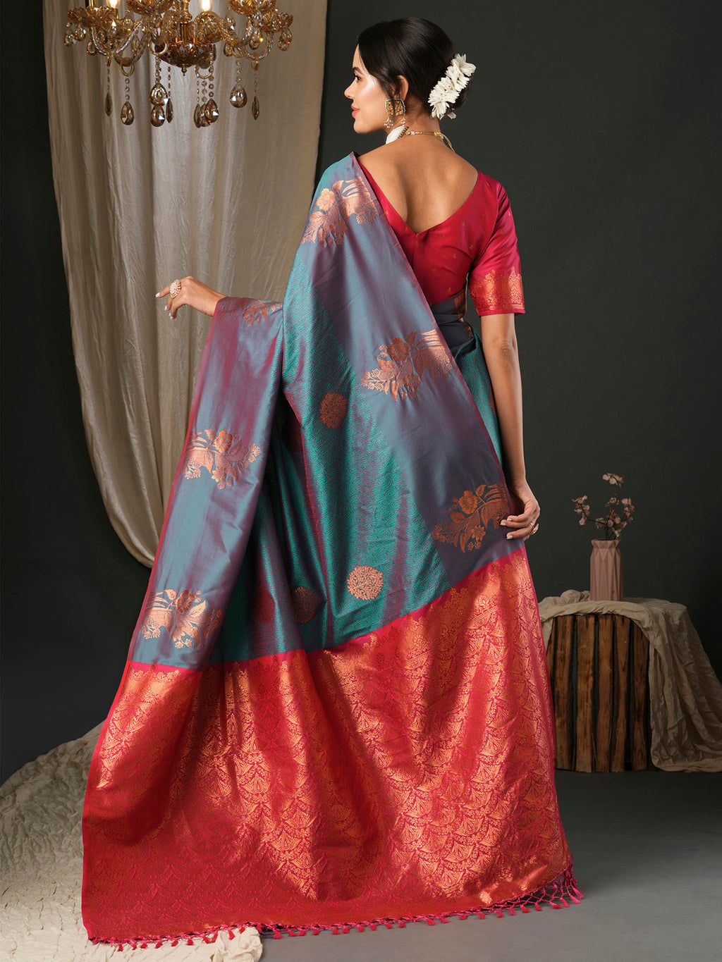 silk blend teal blue woven design designer saree with blouse piece 26pakhi2609