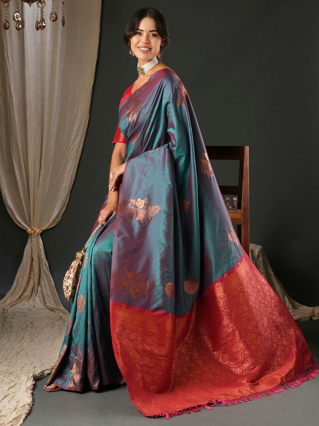 silk blend teal blue woven design designer saree with blouse piece 26pakhi2609