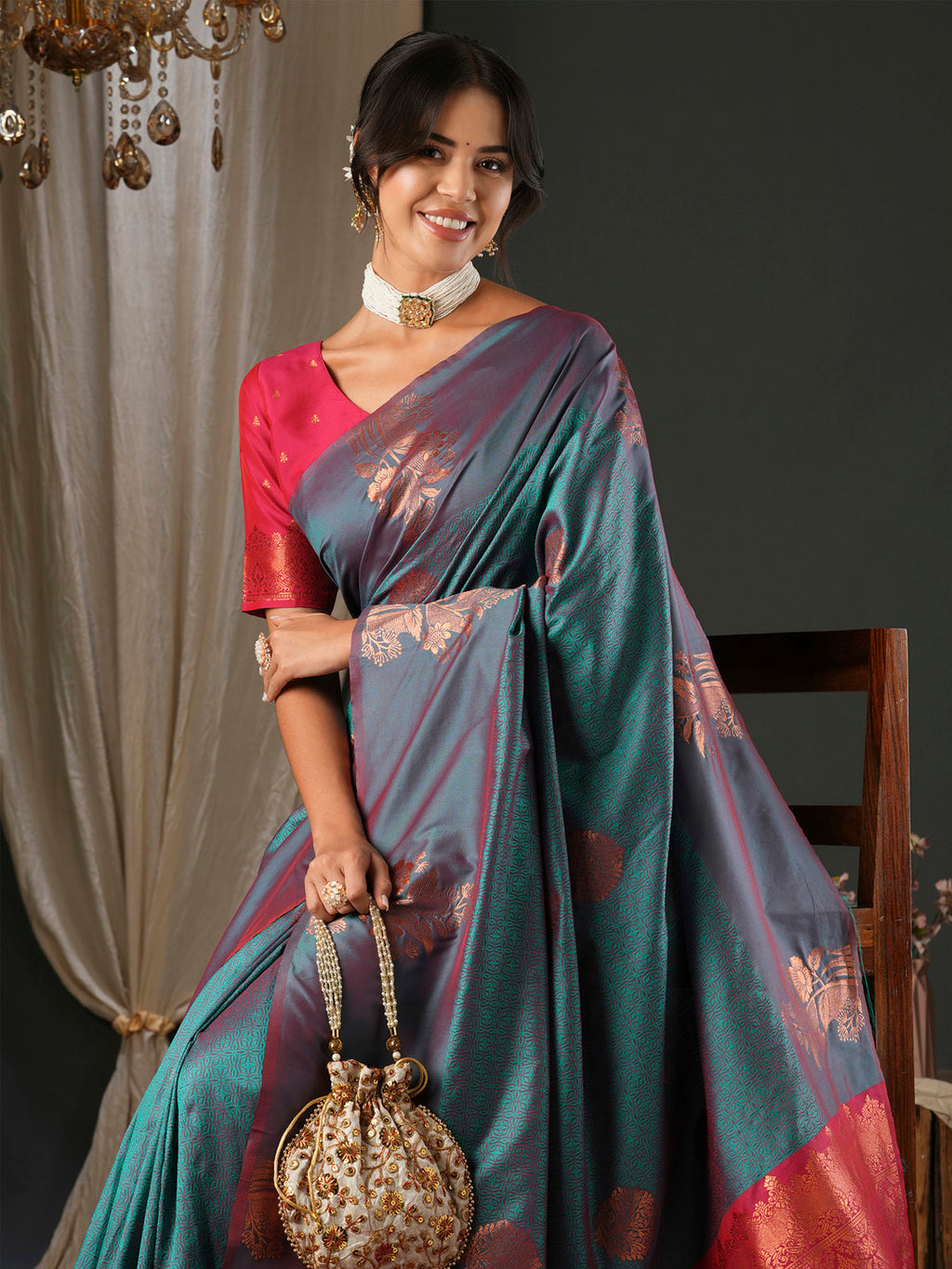 silk blend teal blue woven design designer saree with blouse piece 26pakhi2609