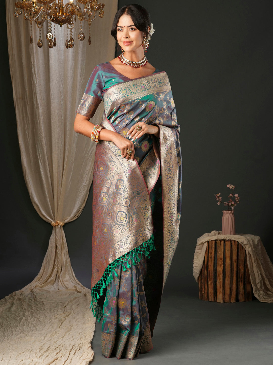 silk blend teal blue woven design designer saree with blouse piece 27pakhi2706