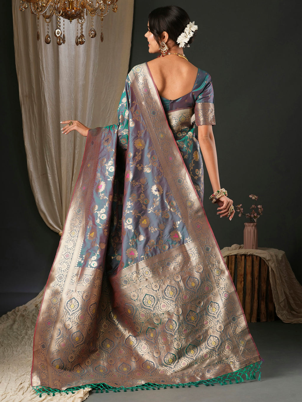 silk blend teal blue woven design designer saree with blouse piece 27pakhi2706