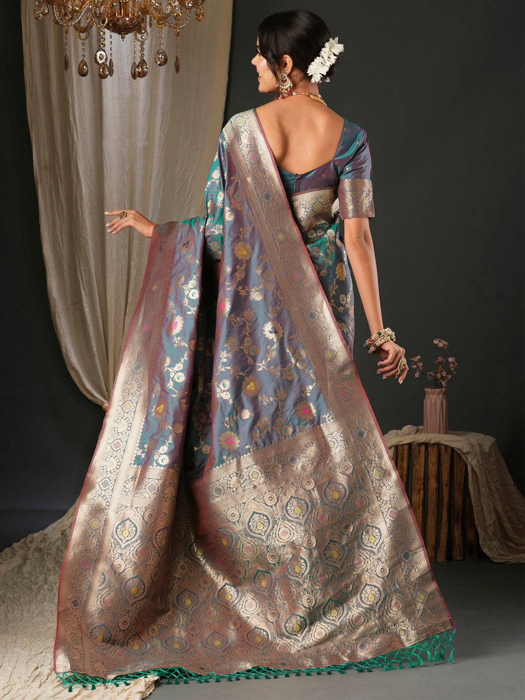 silk blend teal blue woven design designer saree with blouse piece 27pakhi2706