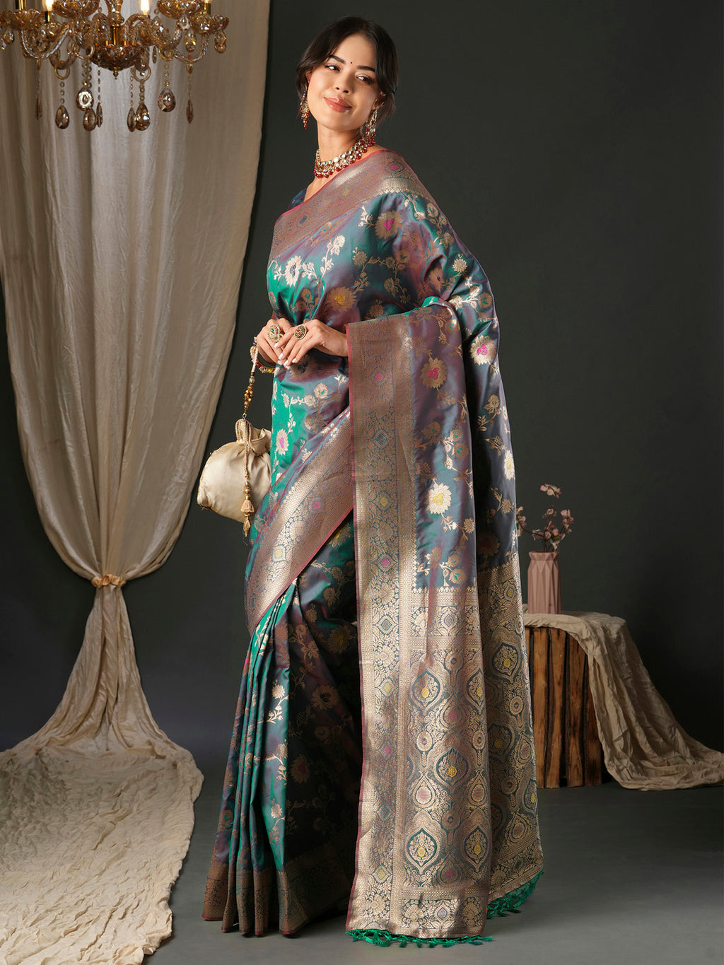 silk blend teal blue woven design designer saree with blouse piece 27pakhi2706