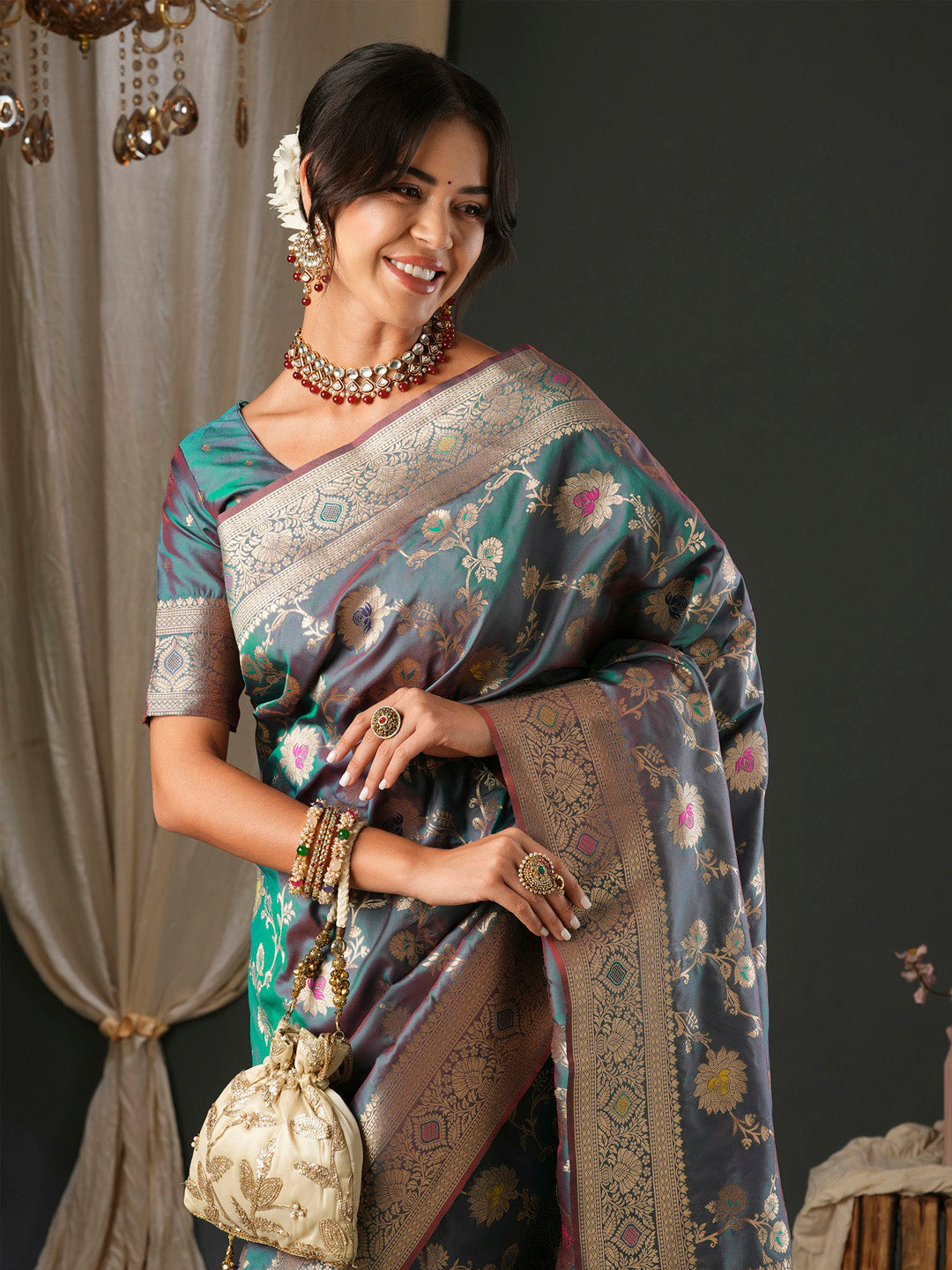 silk blend teal blue woven design designer saree with blouse piece 27pakhi2706