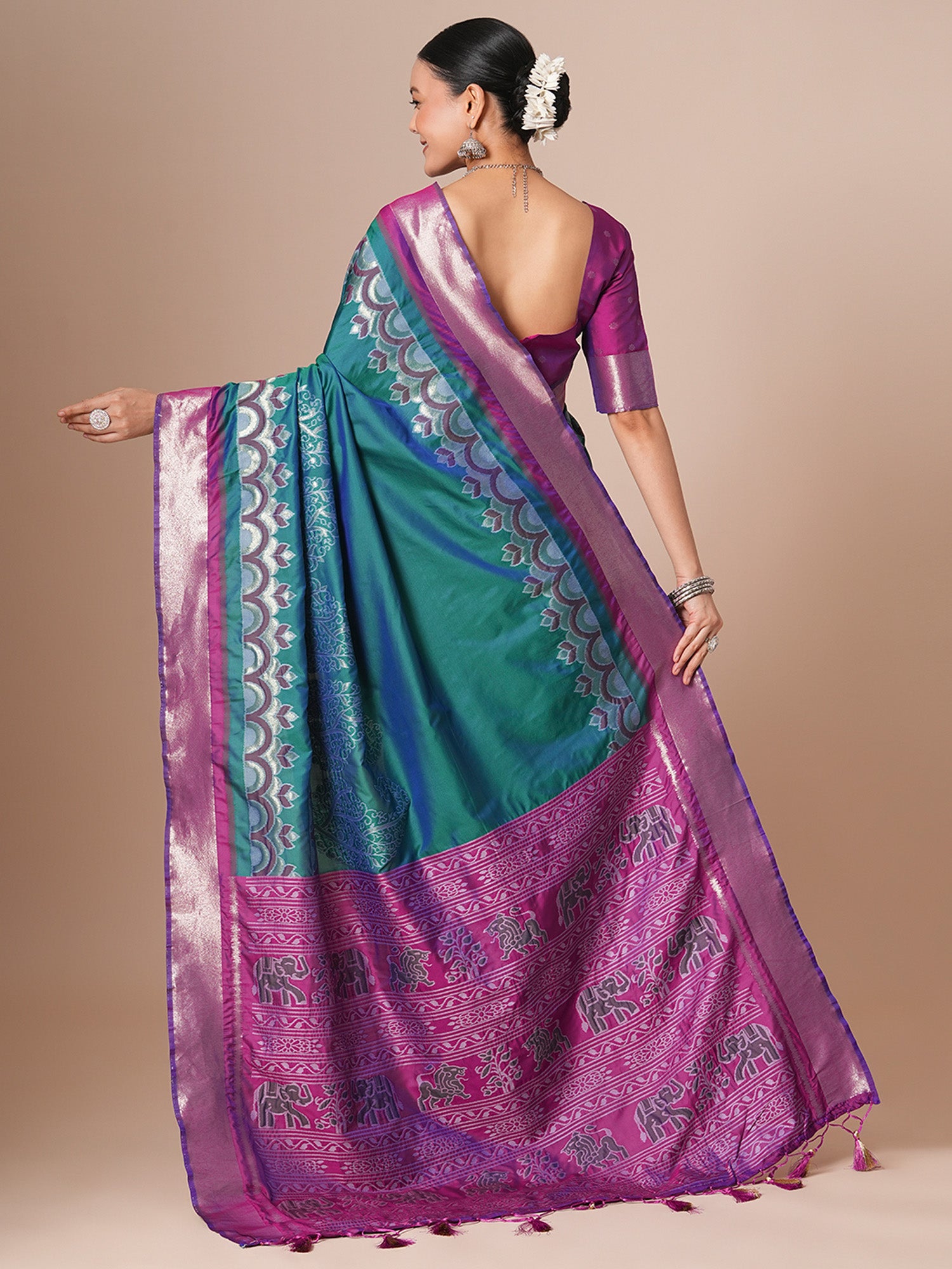 silk blend teal blue woven design designer saree with blouse piece 28pakhi2812