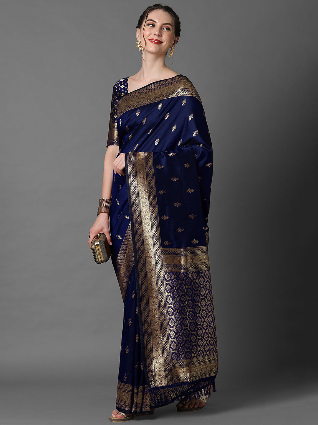 silk blend navyblue wovendesign designer saree with blouse piece 2pakhi4103e