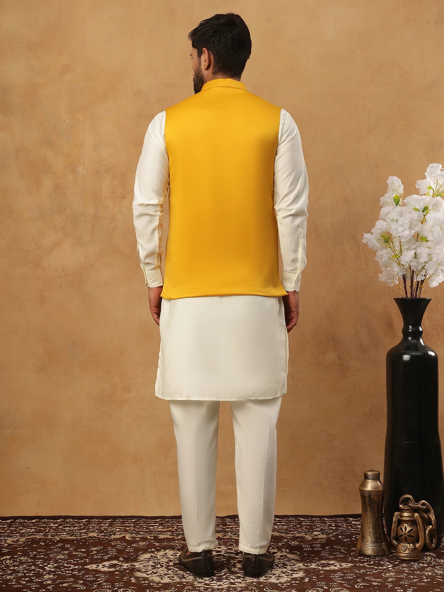 embroidered nehru jacket set with solid kurta pyjama