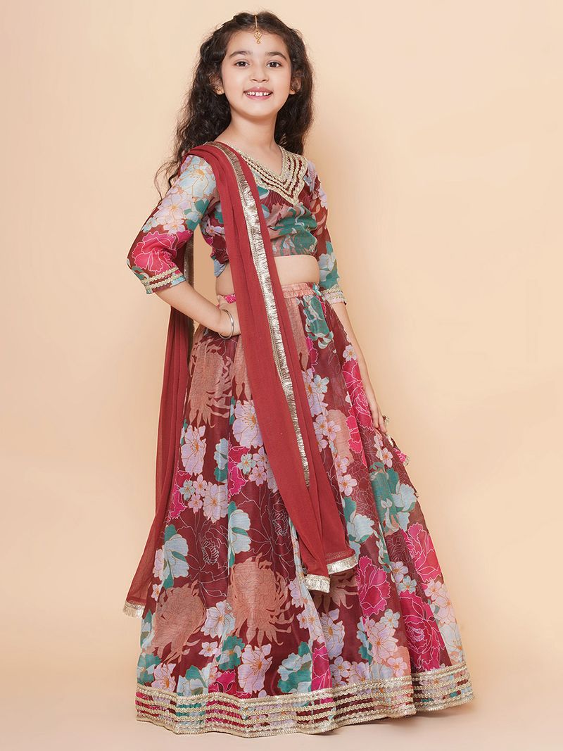 girls maroon digital multi flower printed choli lehenga with maroon dupatta