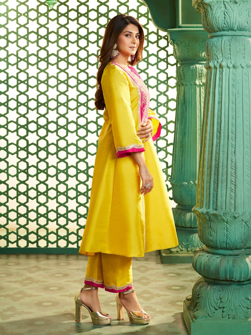 yellow with pink embroidered yoke kurta set