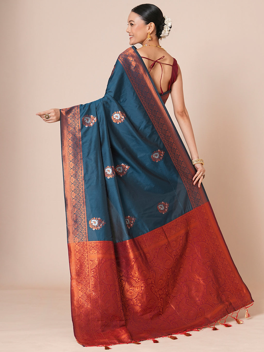 silk blend teal blue woven design designer saree with blouse piece 31pakhi3113
