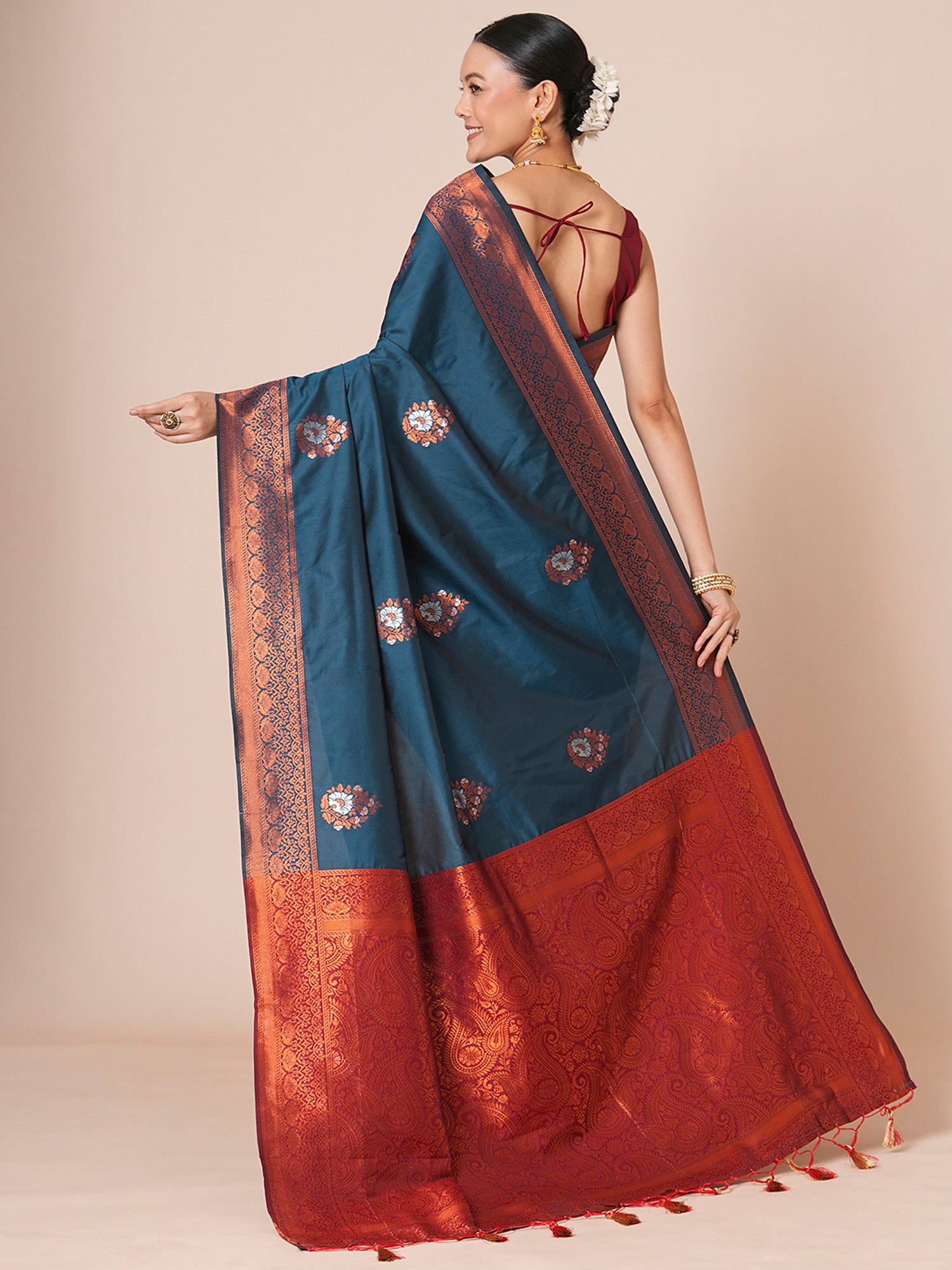 silk blend teal blue woven design designer saree with blouse piece 31pakhi3113