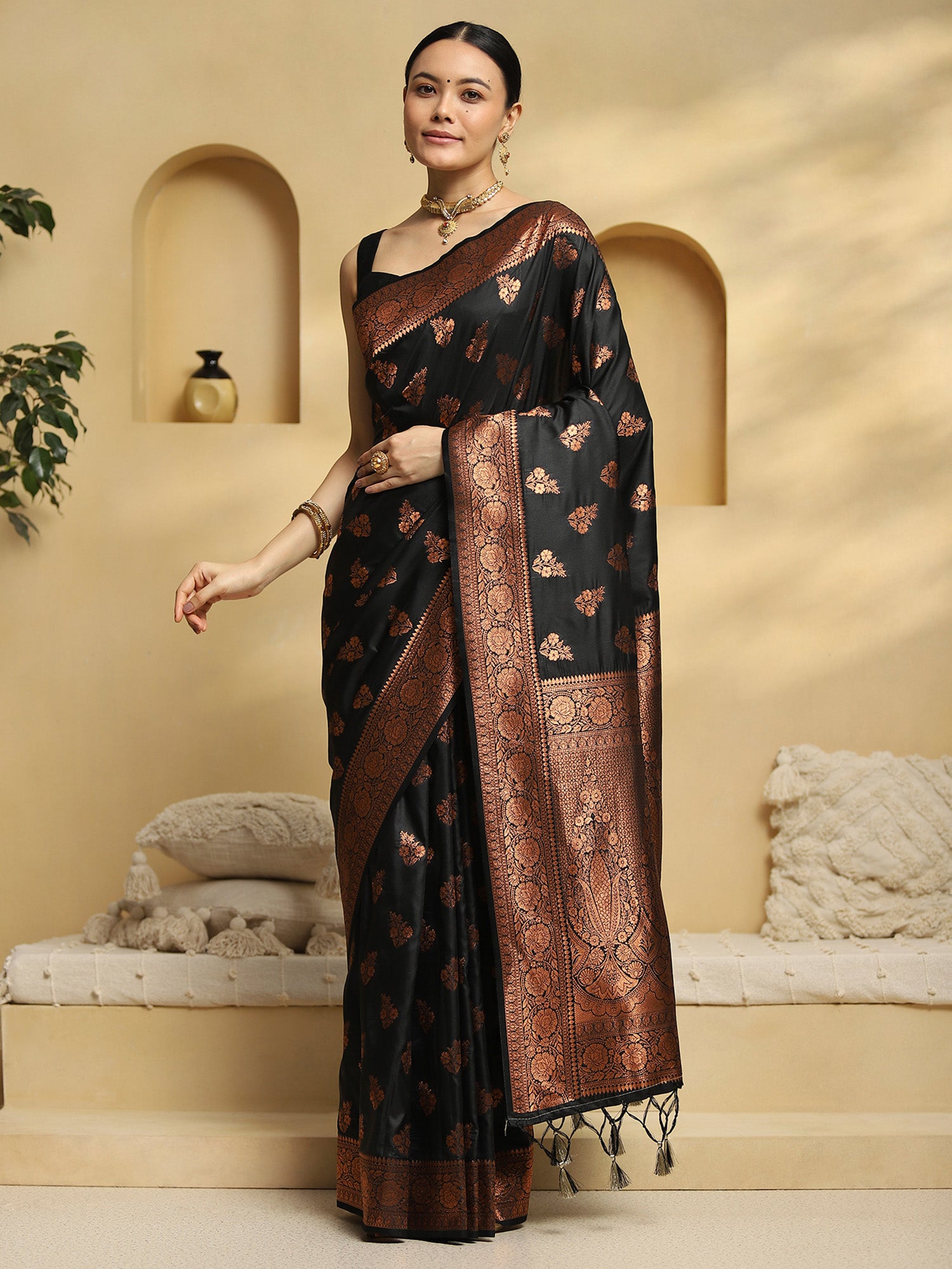 soft silk black woven design designer saree with blouse piece 33pakhi3305