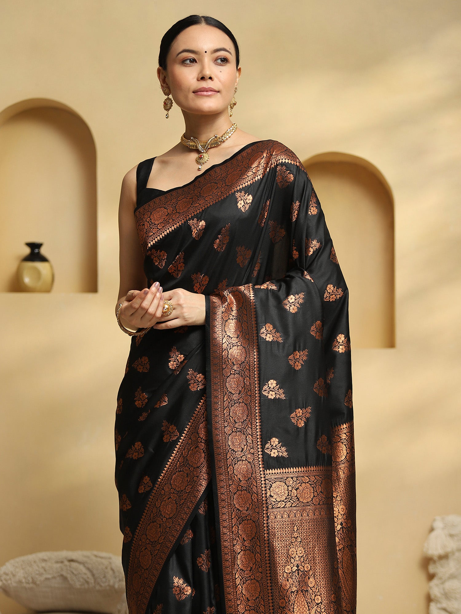 soft silk black woven design designer saree with blouse piece 33pakhi3305