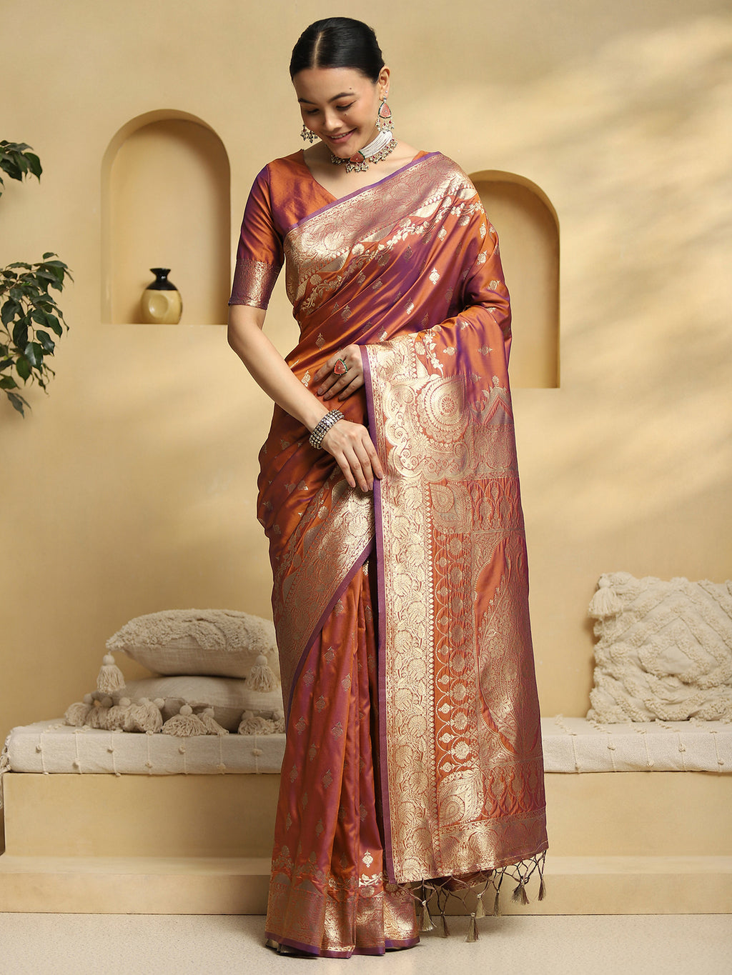 soft silk rust woven design designer saree with blouse piece 34pakhi3403