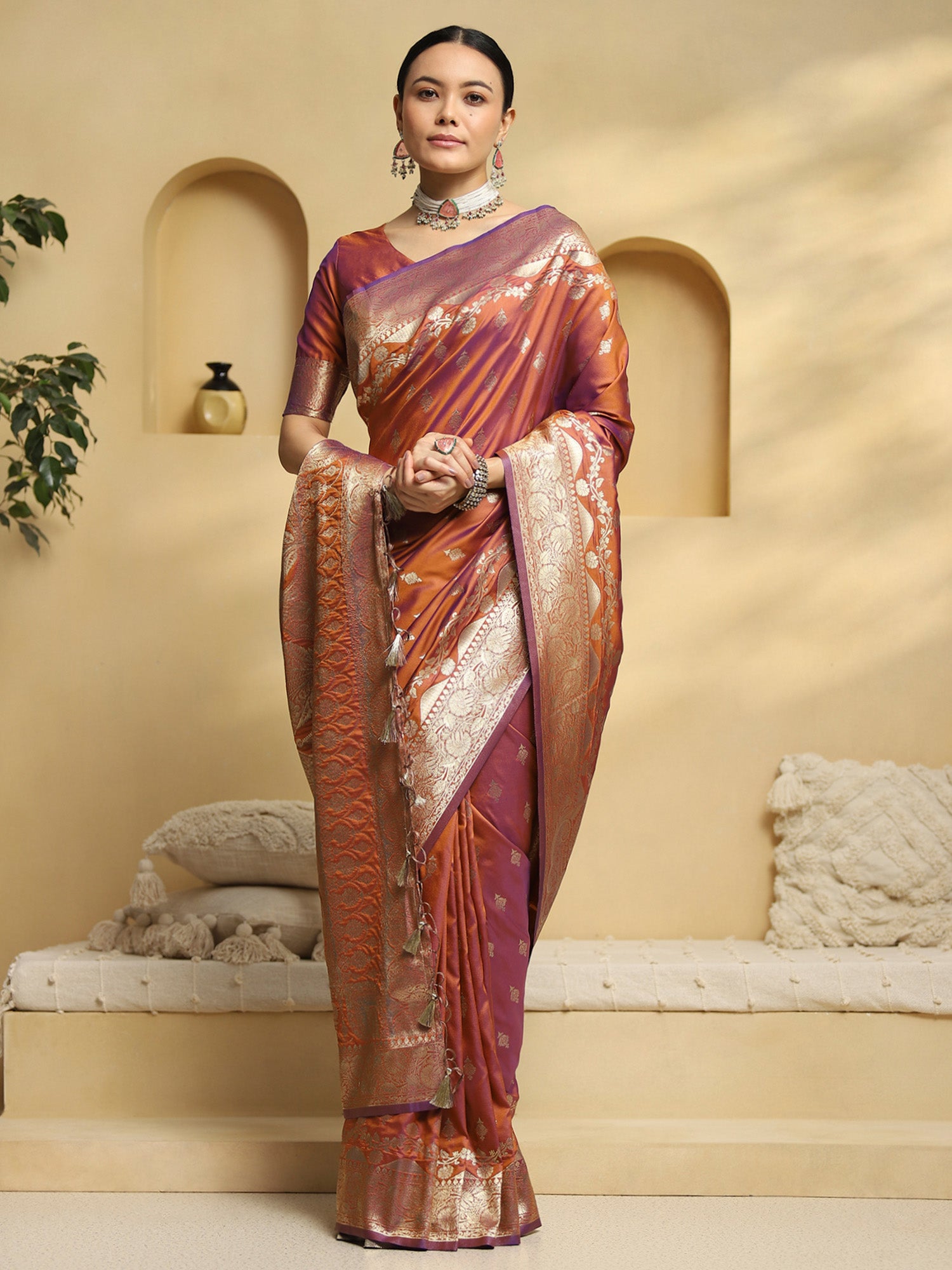 soft silk rust woven design designer saree with blouse piece 34pakhi3403