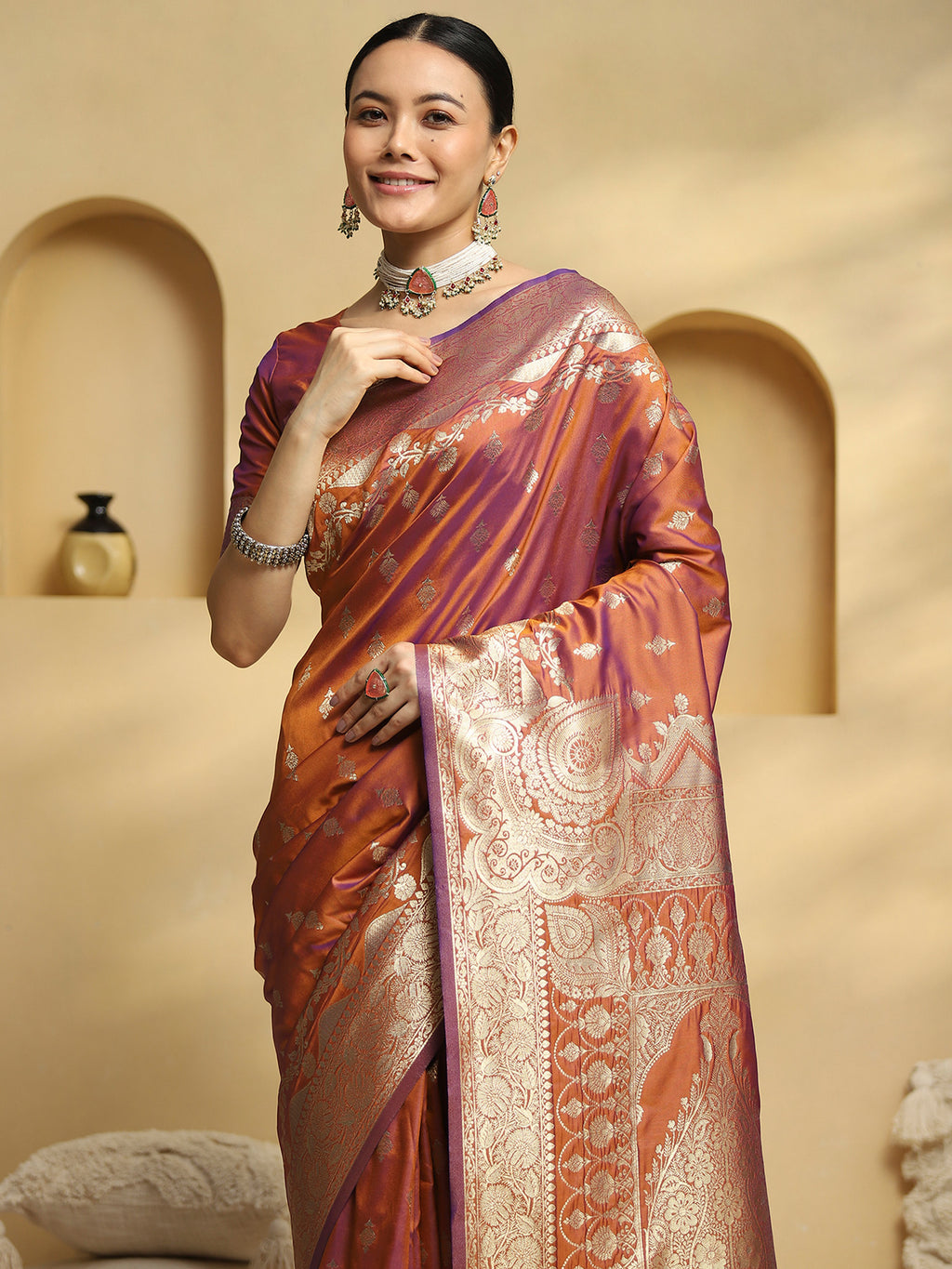 soft silk rust woven design designer saree with blouse piece 34pakhi3403