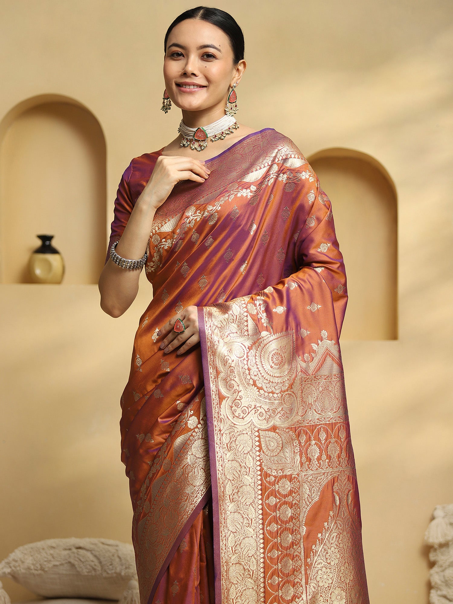 soft silk rust woven design designer saree with blouse piece 34pakhi3403