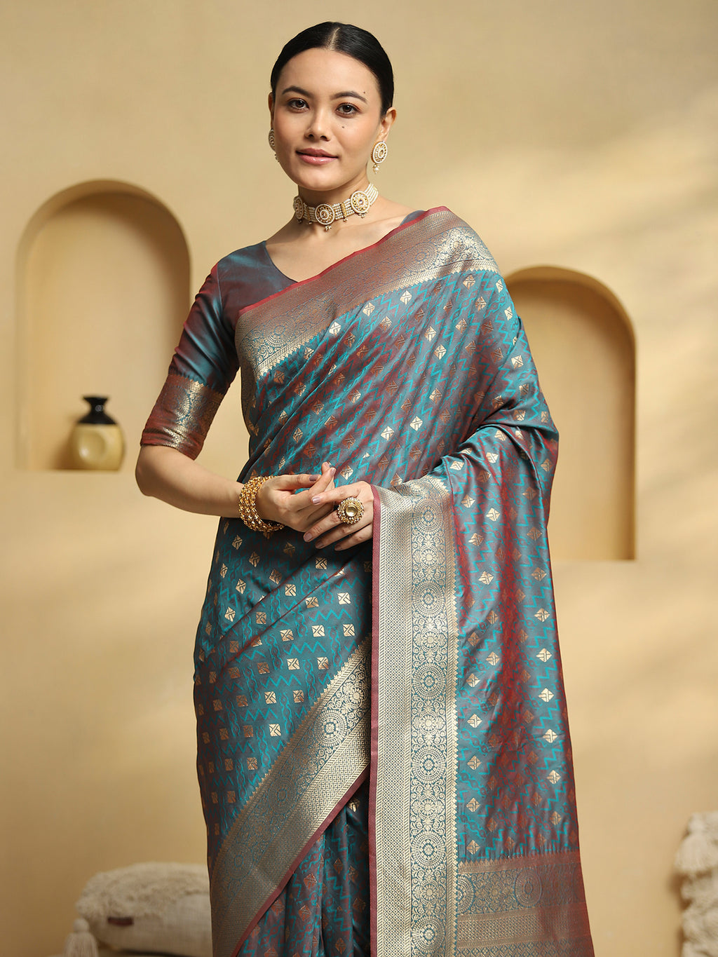 soft silk teal green woven design designer saree with blouse piece 34pakhi3404
