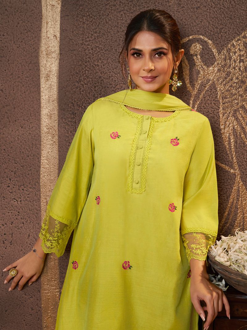 lime yellow embroidered kurta set